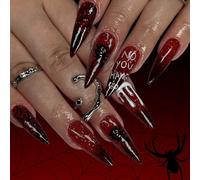 24Pcs Halloween Press On Nails Almond Shaped Glues On With Spiders Design Stick On Full Cover Artificial Nai Full Cover Artificial Nail
