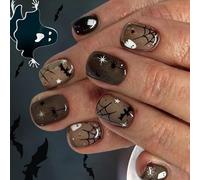 24pcs Halloween Press On Nails Cobweb Patterns With Eerie Bat Shadows Dark Theme Art Accessories Glittering Faux
