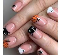 24Pcs Halloween Press on Nails, French False Nails Short Square Nude Pink Fake Nail, Glossy Black Cat Ghost Pumpkin Cute Artificial Acrylic Full Cover Stick on Nails for Women Girls Halloween Party