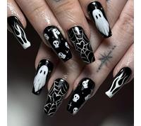 24Pcs Halloween Press on Nails, Goth Black Fake Nail Tips with Rose & Punk Skull Design, Full Cover Acrylic False Nails with Rhinestone (Heart-Shaped Spiderweb)