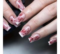 24Pcs Halloween Press on Nails, Goth Black Fake Nail Tips with Rose & Punk Skull Design, Full Cover Acrylic False Nails with Rhinestone (Bloodstained)