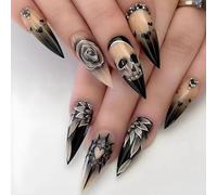 24Pcs Halloween Press on Nails, Goth Black Fake Nail Tips with Rose & Punk Skull Design, Full Cover Acrylic False Nails with Rhinestone, Removable Stick on Nails for Women Girls