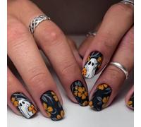 24Pcs Halloween Press on Nails, Goth Black Fake Nail Tips with Rose & Punk Skull Design, Full Cover Acrylic False Nails with Rhinestone (Haunted Forest)