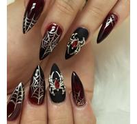 24Pcs Halloween Press on Nails, Goth Black Fake Nail Tips with Rose & Punk Skull Design, Full Cover Acrylic False Nails with Rhinestone (Black and Red Gradient Spider)