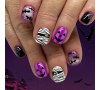 24Pcs Halloween Press on Nails, Goth Black Fake Nail Tips with Rose & Punk Skull Design, Full Cover Acrylic False Nails with Rhinestone (Ghostly Bat)