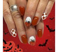 24Pcs Halloween Press on Nails, Goth Black Fake Nail Tips with Rose & Punk Skull Design, Full Cover Acrylic False Nails with Rhinestone (Pumpkin Plaid)