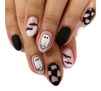 24Pcs Halloween Press on Nails, Goth Black Fake Nail Tips with Rose & Punk Skull Design, Full Cover Acrylic False Nails with Rhinestone (Distorted Plaid)