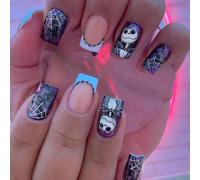 24Pcs Halloween Press on Nails, Goth Black Fake Nail Tips with Rose & Punk Skull Design, Full Cover Acrylic False Nails with Rhinestone (Dark Spiderweb)