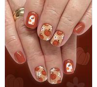 24Pcs Halloween Press on Nails, Goth Black Fake Nail Tips with Rose & Punk Skull Design, Full Cover Acrylic False Nails with Rhinestone (Cute Ghost Flower)