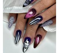 24PCS Halloween Press on Nails Long Almond Fake Nails Matte False Nails with Skull Witch Nails Designs Full Cover Color Painting Acrylic Glue on Nail