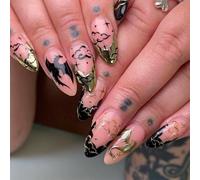 24PCS Halloween Press-On Nails - Long Almond Shape, Black & Gold 3D Bat and Cloud Design, Full Cover Acrylic False Nails for Women, French Tip, Includes Jelly Tabs for Easy DIY Manicure