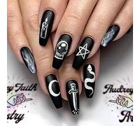 24PCS Halloween Press on Nails Long Black And White Graffiti False Nails French Square Fake Nails with Designs Glossy And Full Cover Acrylic Nails for Women and Girls