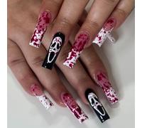 24Pcs Halloween Press on Nails Long Coffin, White French Tips False Nails with Horror Blood Drop Ghost Designs, Reusable Artificial Fake Nail, Acrylic Full Cover Stick on Nails Manicure Kit for Women
