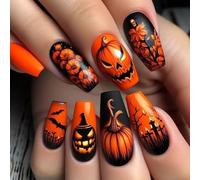 24Pcs Halloween Press on Nails Medium Coffin, French False Nails Glossy Black Orange Acrylic Fake Nail, Removable Glue on Nail with Skull Pumpkin Bat Design, Flower Artificial Stick on Nails for Women