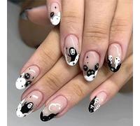 24PCS Halloween Press on Nails Medium French Tip Fake Nails with Ghost Design Cute Cosplay False Nails Glossy And Full Cover Acrylic Nails for Women and Girls