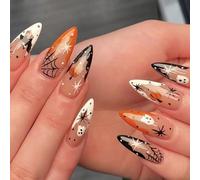 24PCS Halloween Press On Nails, Medium-Long Almond, Halloween Mix Design | Plastic false nails in assorted sizes with adhesive tabs, nail file and wooden cuticle stick for quick DIY nail styling