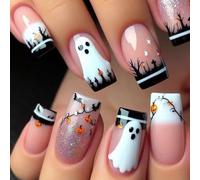 24Pcs Halloween Press on Nails Medium Square, French False Nails Glossy Nude Pink Acrylic Fake Nail, Removable Glue on Nail with Ghost Pumpkin Lantern Design, Cute Artificial Stick on Nails for Women