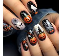 24Pcs Halloween Press on Nails Medium Square, French Tip False Nails Glossy Black Acrylic Fake Nail, Removable Glue on Nail with Pumpkin Bat Ghost Spider Web Design, Cute Stick on Nails for Women