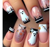 24Pcs Halloween Press on Nails Medium Square, Pink French False Nails with Pumpkin Ghost Pattern, Full Cover Glossy Fake Nails, Acrylic Stick on Nails Reusable for Women Girls Manicure