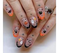 24Pcs Halloween Press On Nails, Pumpkin Ghost Bat Medium Almond Design | Glossy nude almond nails with pumpkins, ghosts, bats and orange-black tips for Halloween parties, costumes and DIY manicures