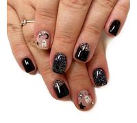 24PCS Halloween Press on Nails,Short Cute False Nails with Ghost and Spider Web Design,Unique Black Shinny French Cosplay False Nails for Party,Coffin Full Cover Nails Tips for Women or Girls
