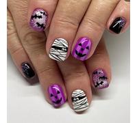 24PCS Halloween Press on Nails,Short Cute False Nails with Pumpkin and Bat Design,Shinny Purple French Fake Nails,Unique Cosplay False Nails for Party,Coffin Full Cover Nails Tips for Women or Girls