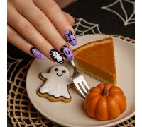24Pcs Halloween Press On Nails Short Round Purple Black - Ghost Spider Web Pumpkin Bat Dripping Design Fake Nails for Women Girls Spooky Party Manicure Kit with Variety Patterns Easy Application No