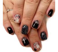 24Pcs Halloween Press On Nails - Short Square Black Glitter False Nails with Ghost & Spider Web Gothic Design, Full Cover Acrylic Stick On Nails with Nail Tabs for DIY Manicure