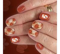 24PCS Halloween Press on Tips Sparkling French Floral Pumpkin Essence Short Square Artificial Tips for Party Halloween Floral Nails Art