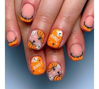 24PCS Halloween Pumpkin Ghost Press On Nails - Short Square Design, Spider Web & Skeleton Design for Women, Fall Party Art Stick On False Nails