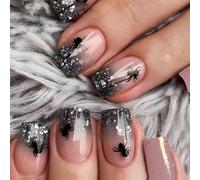 24Pcs Halloween Short Square Pink Glitter French Press on Nails - Black Gradient Full Cover Acrylic with Spiders, Elegant Reusable for Women Girls