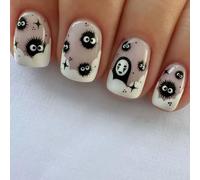 24PCS Halloween Short Square Press on Nails Cute Black Coal Ball Design French Fake Nails Glossy Little Ghost Full Cover Acrylic Nails for Women Halloween Acrylic Press on Nails Decorations