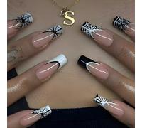 24Pcs Halloween Spider Web Press on Nails - Long Square Fake Nails with Black White French Tips, Spooky Stick On for Women Girls, Gothic Cosplay Party Manicure Decoration (Spider Web)