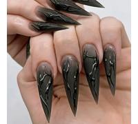 24PCS Halloween Stiletto Press on Nails Black Long Almond Fake Nails Vampire Witch Matte Press on Nails with Black Wave Scary Nightmare Full Cover Acrylic Glue on Nails