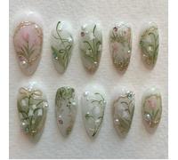 24PCS Handmade Acrylic Press-On Nails, Medium Almond French Tip Nails with 3D Tulip Flowers, Pearl & Rhinestone Design, Glossy Gel Stick-On Set for Women, Manicure Kit