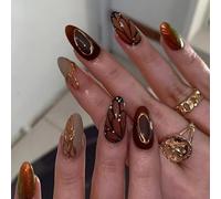 24Pcs Handmade False Nails Almond Medium, 3D Waves French Tip Press on Nails, Glossy Butterfly Wings Design Acrylic Fake Nails, Natural Removable Stick on Nail for Women Daily Party Wedding Wear