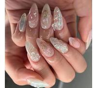 24Pcs Handmade French Press on Nails - Medium Almond Glossy Stick on Nails with 3D Butterfly, Flower & Bow Design - Pink False with Pearls & Gold Lines Full Cover Gel Set for Women