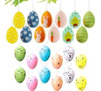 24Pcs Hanging Easter Egg Decorations, Easter Eggs with Ribbons, Multicolored Speckled Eggs Home Office Decoration, Easter Hanging Ornaments DIY Crafts, Bunny Flower Patterns for Decoration