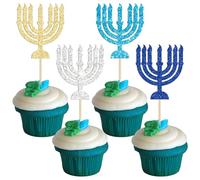 24Pcs Hanukkah Cupcake Toppers Glitter Candlestick Hexagram Cake Topper Decorations Jewish Birthday Cake Decorations for Hanukkah Party Decoration Supplies