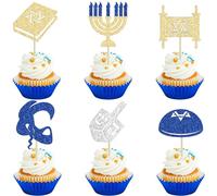 24Pcs Hanukkah Cupcake Toppers Glitter Candlestick Hexagram Chanukah Cupcake Picks Jewish Birthday Cake Decorations for Chanukkah Theme Party Supplies