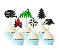 24Pcs Happy Camper Cupcake Toppers Glitter Tree Campfire Tent Car Camping Cupcake Picks for Weekend Outdoor Camper Woodland Lumberjack Theme Birthday Party Cake Decorations Supplies