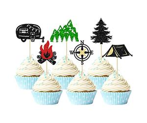 24Pcs Happy Camper Cupcake Toppers Glitter Tree Campfire Tent Car Camping Cupcake Picks for Weekend Outdoor Camper Woodland Lumberjack Theme Birthday Party Cake Decorations Supplies