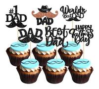 24Pcs Happy Father's Day Cupcake Toppers with Moustache Black Glitter World's Best Dad Cupcake Picks Decorations for Happy Father's Day Theme Party Cake Decorations Supplies