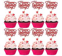 24Pcs Happy Galentine's Day Cupcake Toppers Red Glitter Sweet Love Valentine Cupcake Picks for Valentine's Day Theme Birthday Party Cake Decorations Supplies