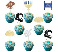 24Pcs Happy Hanukkah Cupcake Toppers Glitter Candlestick Hexagram Cupcake Picks Menorah Lighting Cake Toppers for Sparkle Jewish Birthday Chanukah Holiday Party Supplies