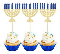 24Pcs Happy Hanukkah Cupcake Toppers Glitter Candlestick Menorah Cake Topper Decorations for Sparkle Jewish Birthday Chanukah Holiday Party Decoration Supplies