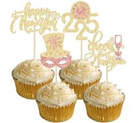 24Pcs Happy New Year Cupcake Toppers 2025 Glitter Cheers to the New Year Magic Hat 2025 Clock Cupcake Pick Decorations for 2025 Happy New Years Eve Party Supplies Gold Rose Gold