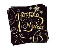24pcs Happy New Year Napkins - Gold & Black, 33x33cm Disposable Napkins for New Year Party Supplies