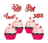 24Pcs Happy Valentine's Day Cupcake Toppers Glitter Love Be Mine XOXO Kiss Me Cupcake Picks Happy Valentine's Day Theme Wedding Bridal Shower Birthday Party Cake Decorations Supplies Red