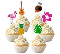 24Pcs Hawaiian Party Decorations Cupcake Toppers,Flowers & Palm Leaves Pineapple Flamingo Cake Topper,Tropical Bar Beach Garden Pool Moana Party Decorations Happy Birthday Cocktail Picks